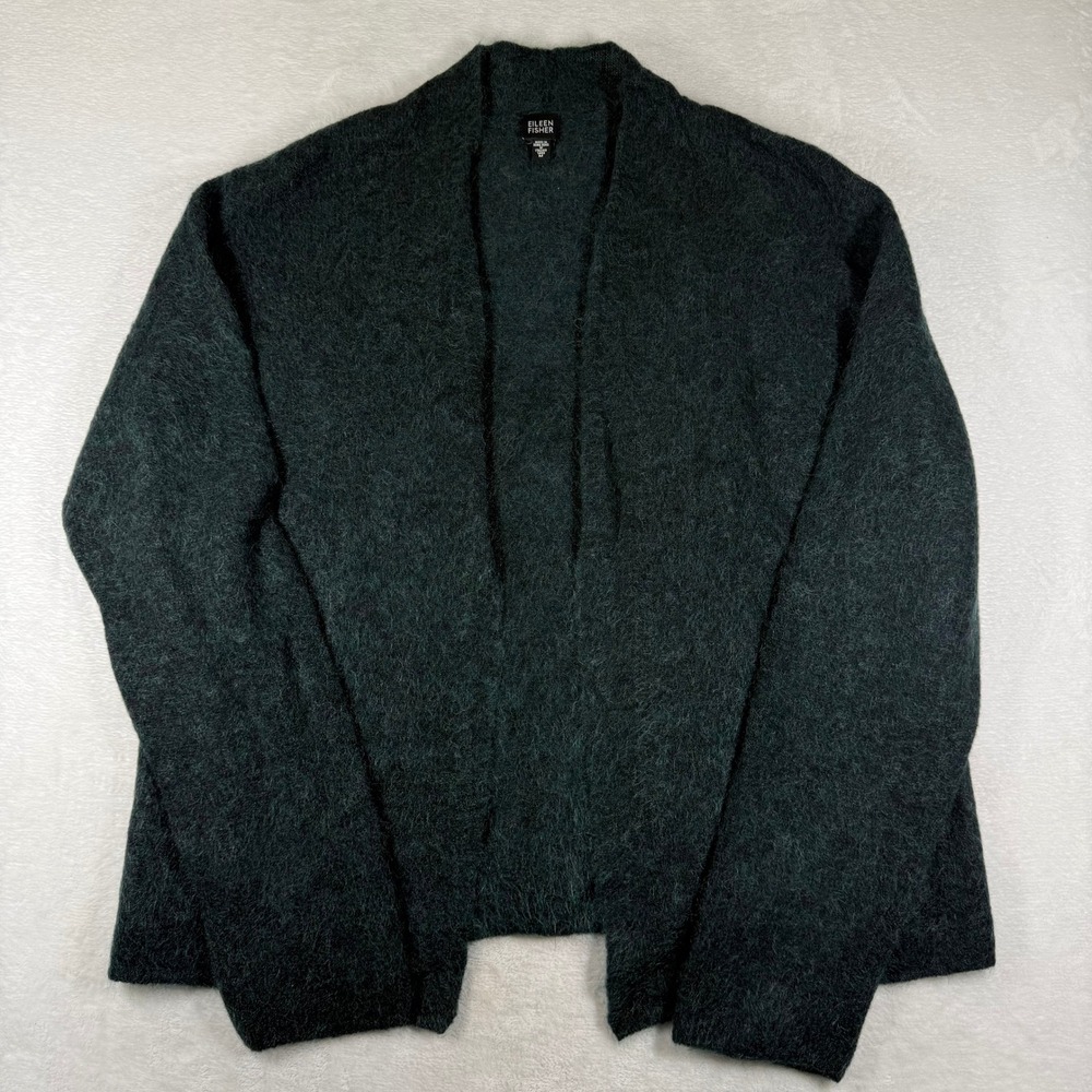 Eileen Fisher Mohair Wool Blend Open Front Cardigan Forest Green Medium